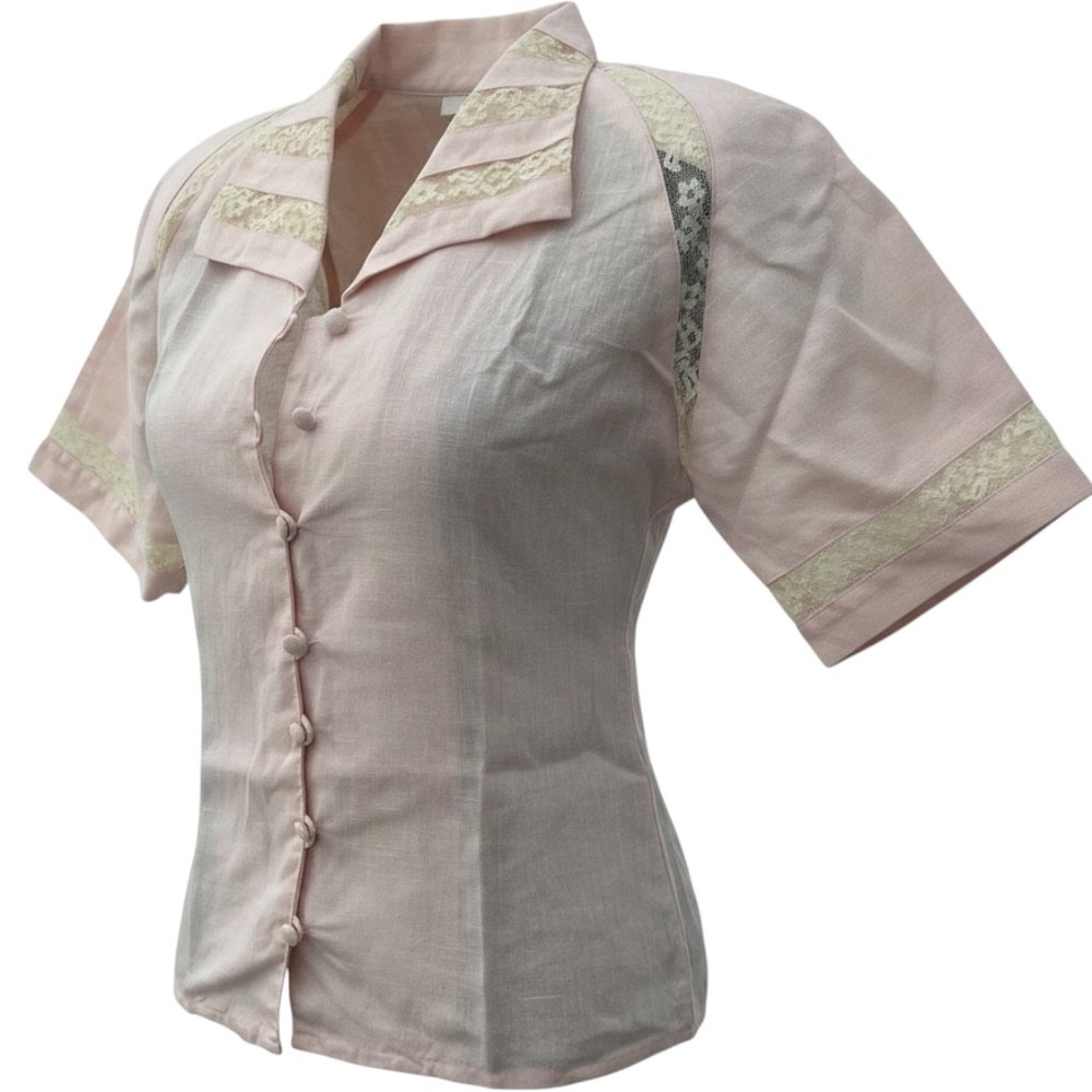 Courtenay Petite Vintage 80s Pink Linen Lace Blouse Coquette Cottagecore Top 2